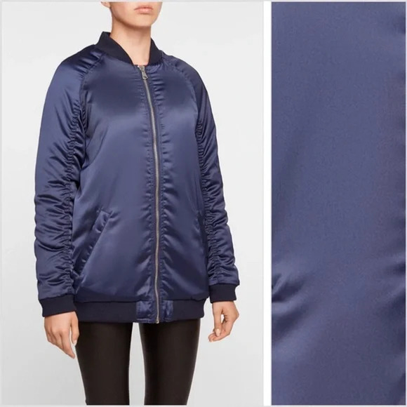Zoe Karssen Navy Long Satin Bomber Jacket Big in Japan Size XS NWT $325 - Picture 3 of 14